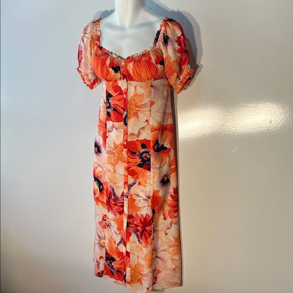 H&M SZ M Abstract Coral Floral Midi Dress Milkmaid Romantic Cottage Art to Wear - Picture 2 of 10